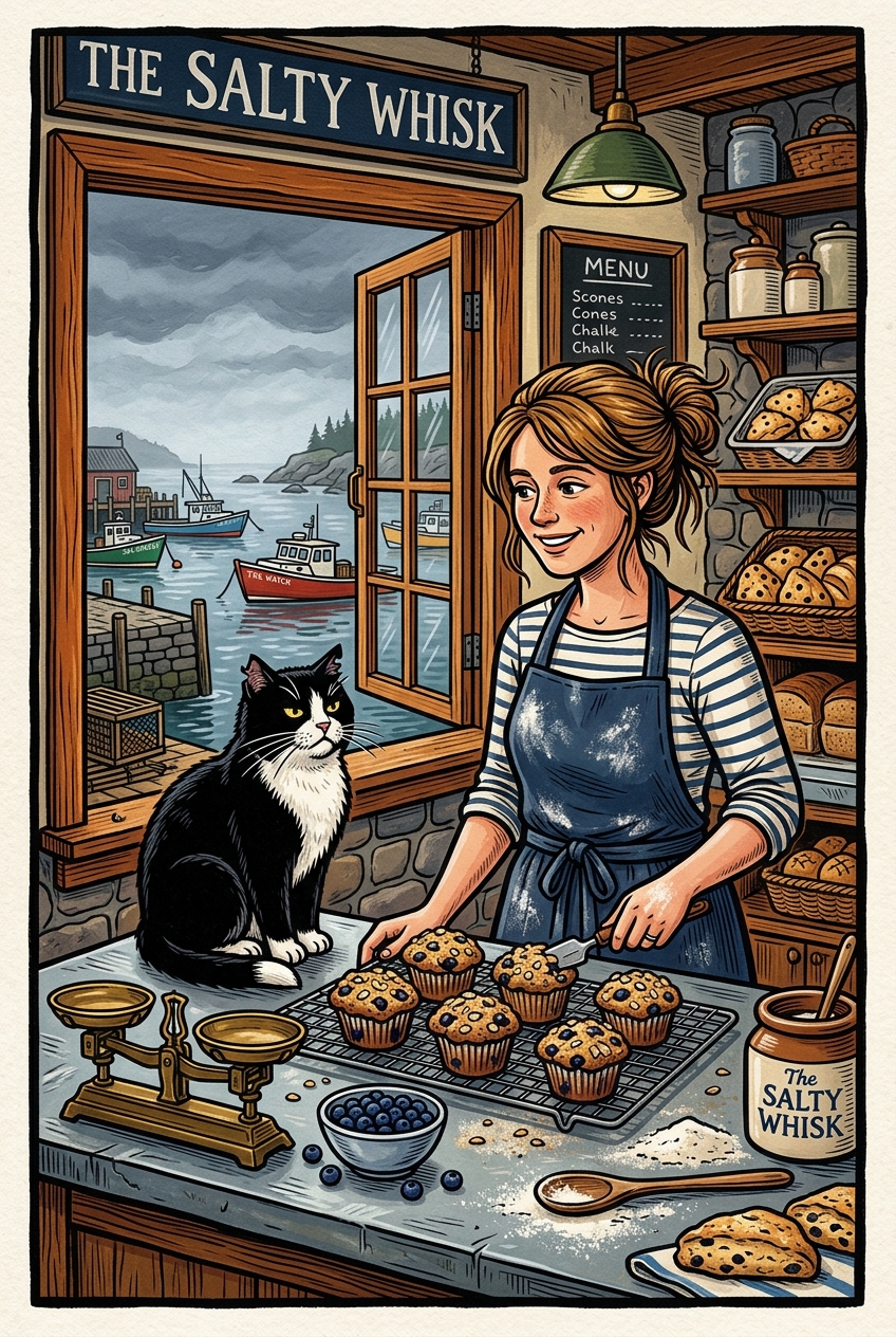 The Salty Whisk Bakery Window at Dawn in Briar Harbor