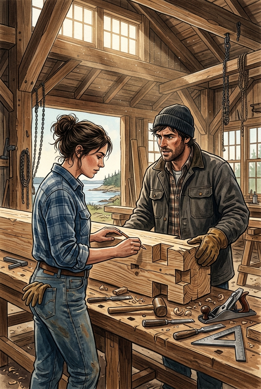 Calum and Maeve working inside the timber workshop